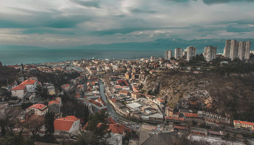 High angle view of buildings against sky