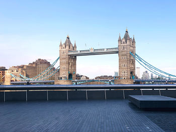 Bridge over river with city in background