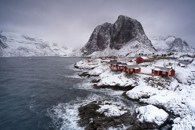 Scenic view of snowcapped mountains against sky during winter