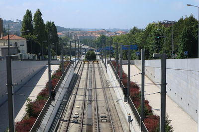 High angle view of railroad tracks in city against sky