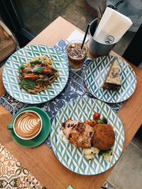 High angle view of breakfast served on table