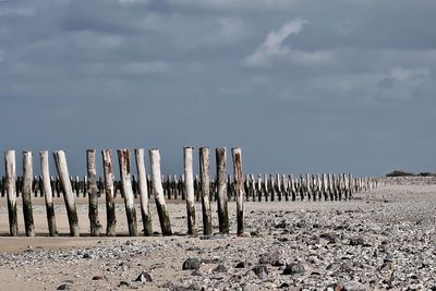 Wooden posts on beach against sky