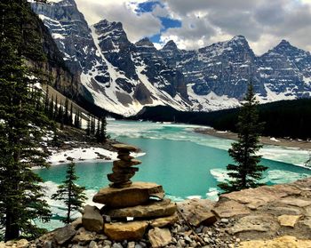 Scenic view of lake by mountains against sky