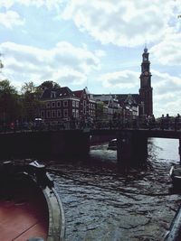 Bridge over river with buildings in background