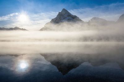 Scenic view of lake and mountains against sky
