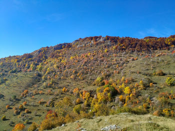 Scenic view of mountains against clear blue sky