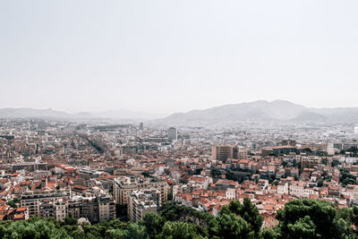 High angle view of cityscape against clear sky