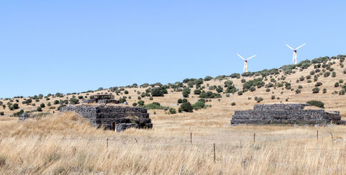 Traditional windmill on field against clear blue sky