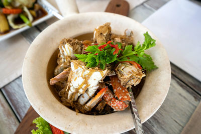 High angle view of food in plate on table