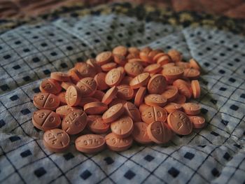 High angle view of pills on table