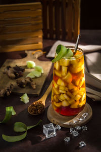 Close-up of fruits served on table