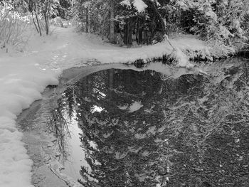 High angle view of snow covered land