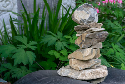 Close-up of stone stack on rock