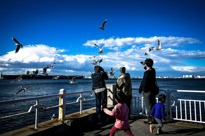 Low angle view of seagulls flying over sea against sky