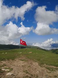 Red flag on landscape against sky