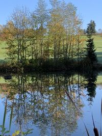 Reflection of trees in lake against sky