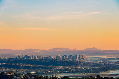 Aerial view of buildings in city during sunset