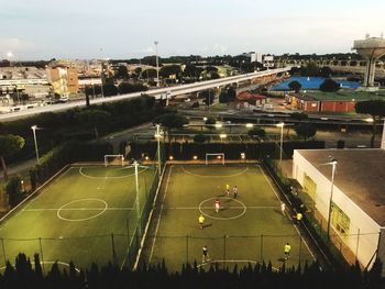 High angle view of people playing soccer