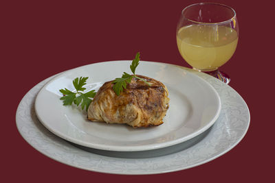 High angle view of breakfast in plate on table