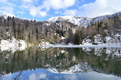 Scenic view of lake with mountains in background