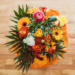 High angle view of rose bouquet on table