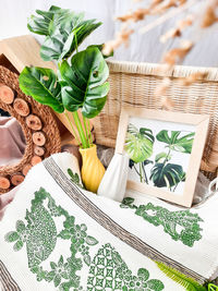 High angle view of leaves in basket on table