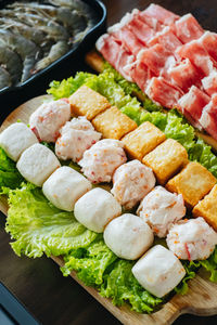 High angle view of vegetables in plate on table