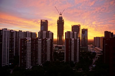 Skyscrapers in city at sunset