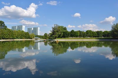 Reflection of sky and trees on calm pond