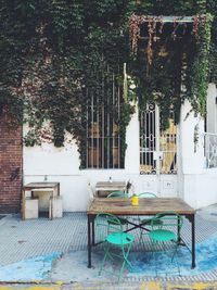 Sidewalk cafe by ivy-covered building
