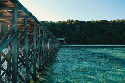 Footbridge over river in forest against clear sky