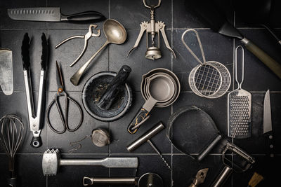 High angle view of tools on table