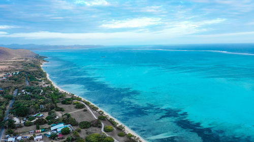 High angle view of bay against sky