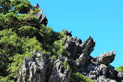 Low angle view of rocks against clear blue sky