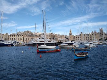 Sailboats moored in harbor