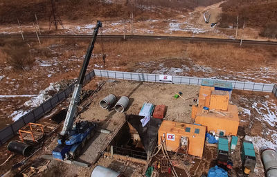 High angle view of construction site on field