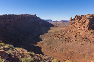 Scenic view of red rock against clear blue sky