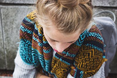 High angle view of woman wearing scarf