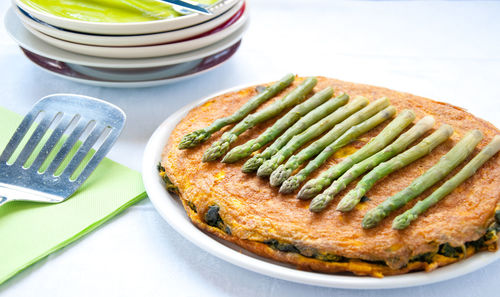 High angle view of food in plate