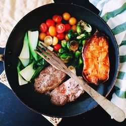 High angle view of vegetables in pan