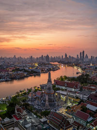 High angle view of townscape against sky during sunset