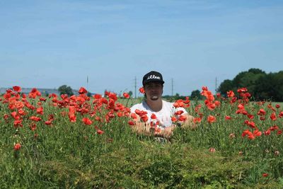 View of poppy flowers blooming on field