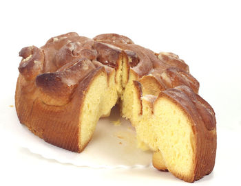 Close-up of bread on white background