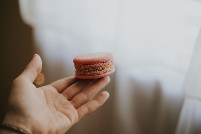Cropped hand of woman holding macaroon at home