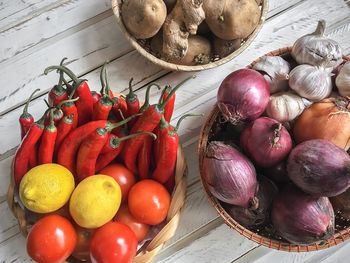 High angle view of vegetables on table