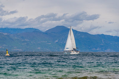 Sailboat sailing on sea against sky