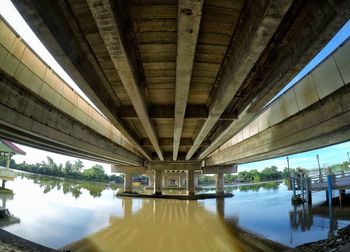 Reflection of bridge on water against sky