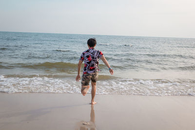 Rear view of man on beach against sky