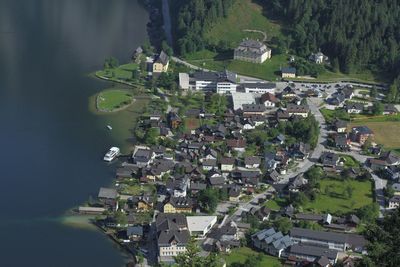 High angle view of houses in town