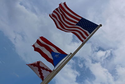 Low angle view of waving flags against sky